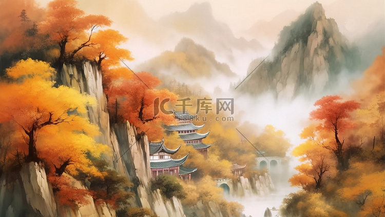 中国风秋天远山枫叶复古插画背景