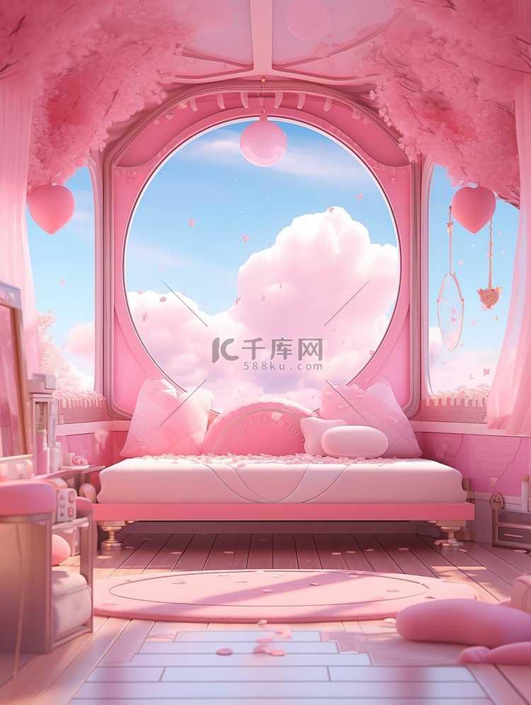 动漫风格的女孩卧室淡粉色色调13