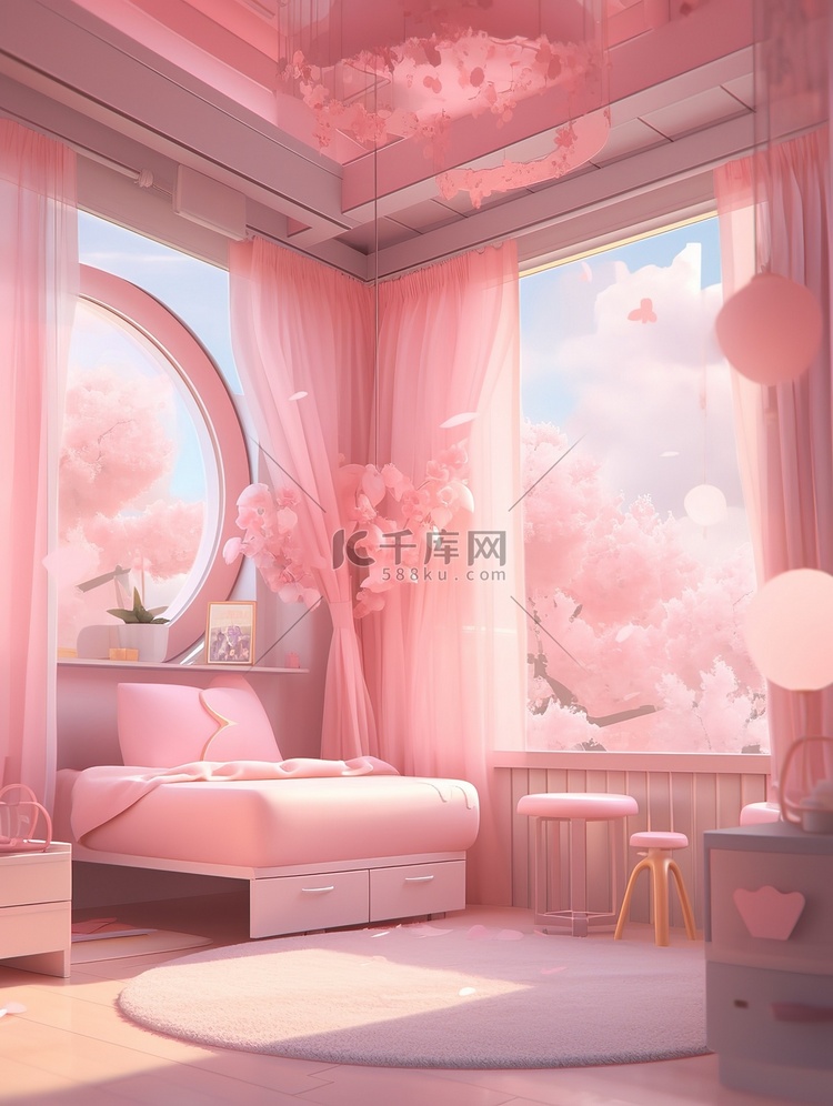 动漫风格的女孩卧室淡粉色色调3