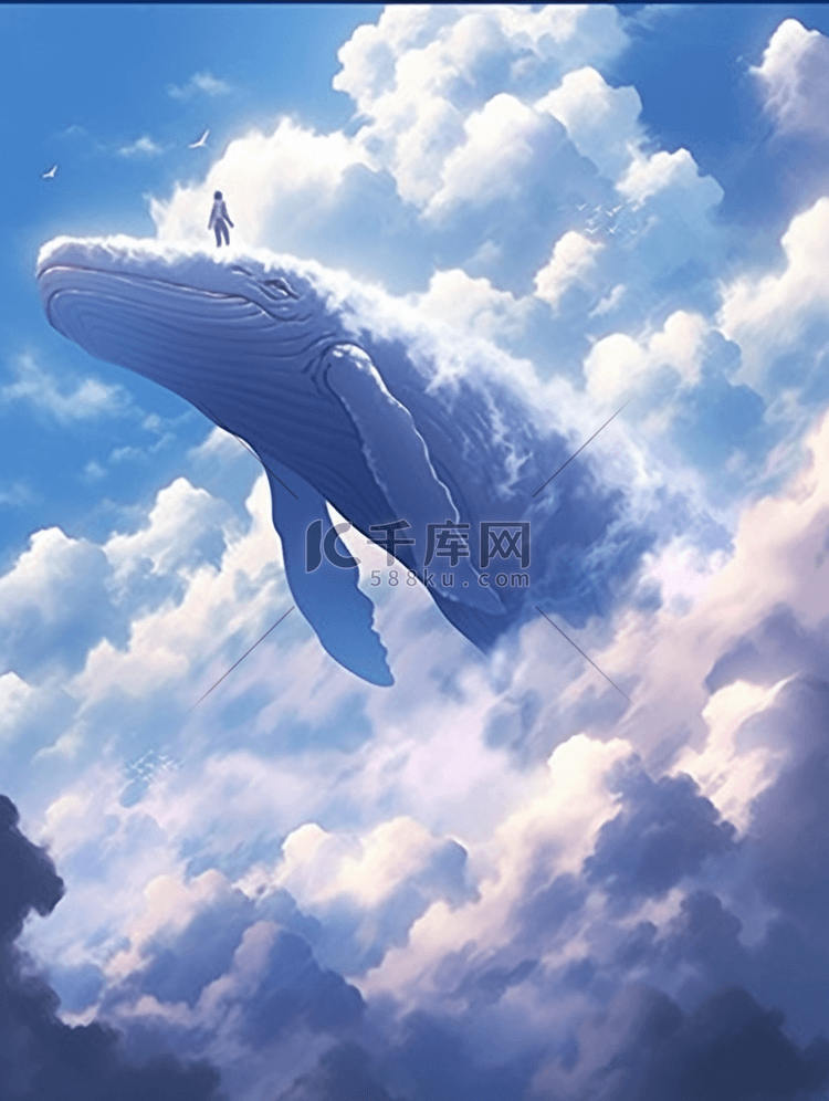 唯美梦幻空中遨游的鲸鱼卡通插画14