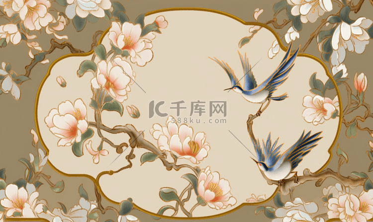 花鸟金边珐琅横向构图古风插画中国风
