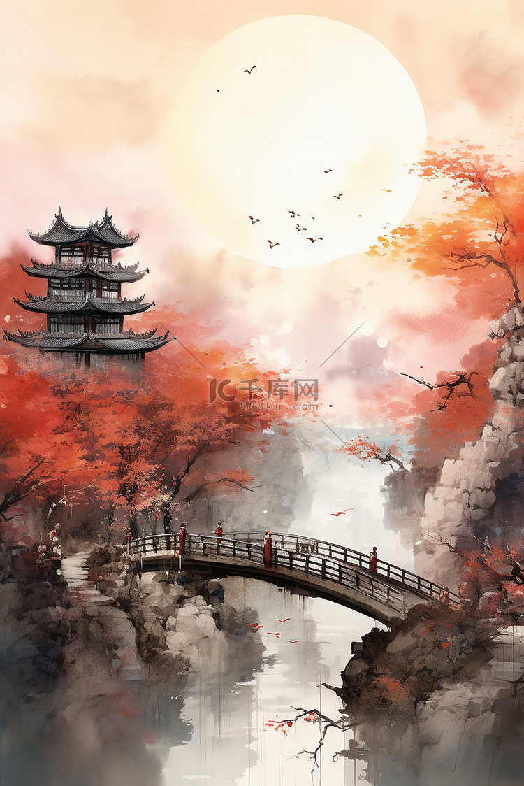 中国风大气秋季中秋明月插画背景
