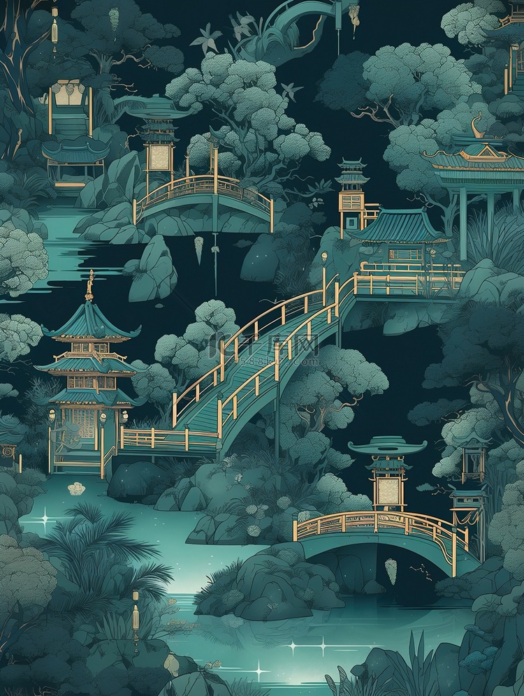 中国风古建筑河流拱桥山脉插画12