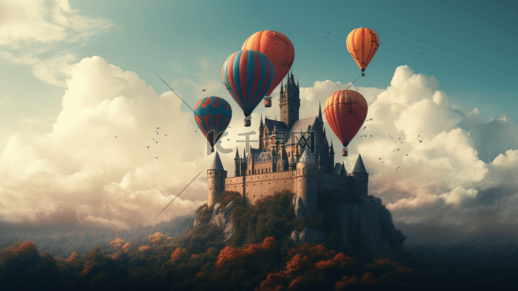 唯美的欧式气球城堡数字艺术插画