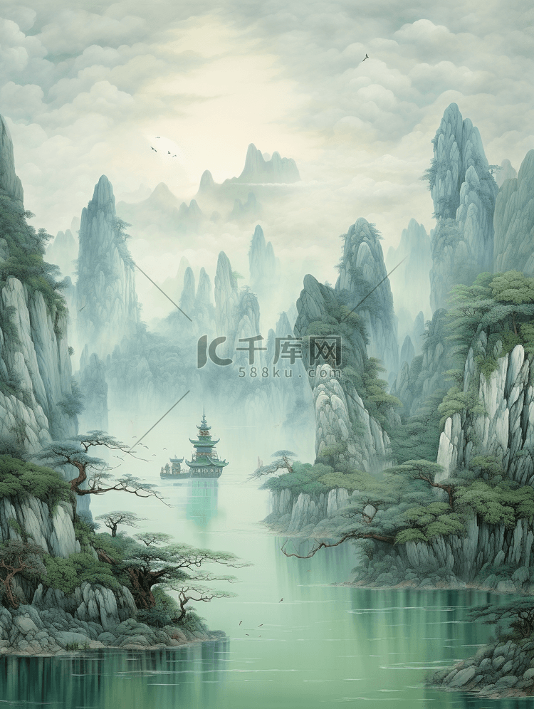 中国风唯美山水风景插画12