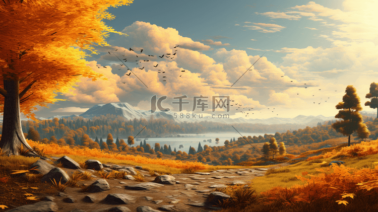 唯美秋季黄色树叶风景插画10