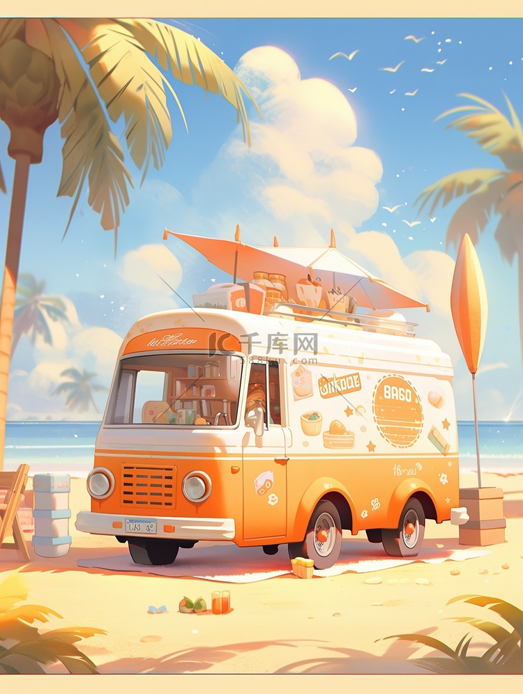 海滩上一辆橙色雪糕车12