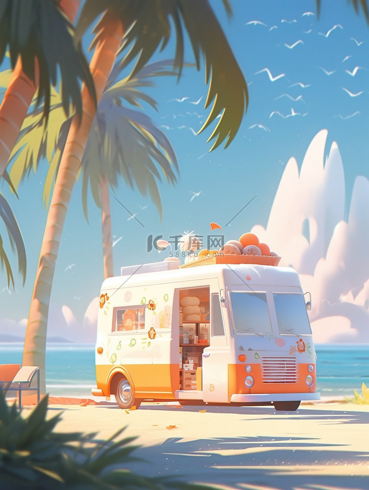海滩上一辆橙色雪糕车14