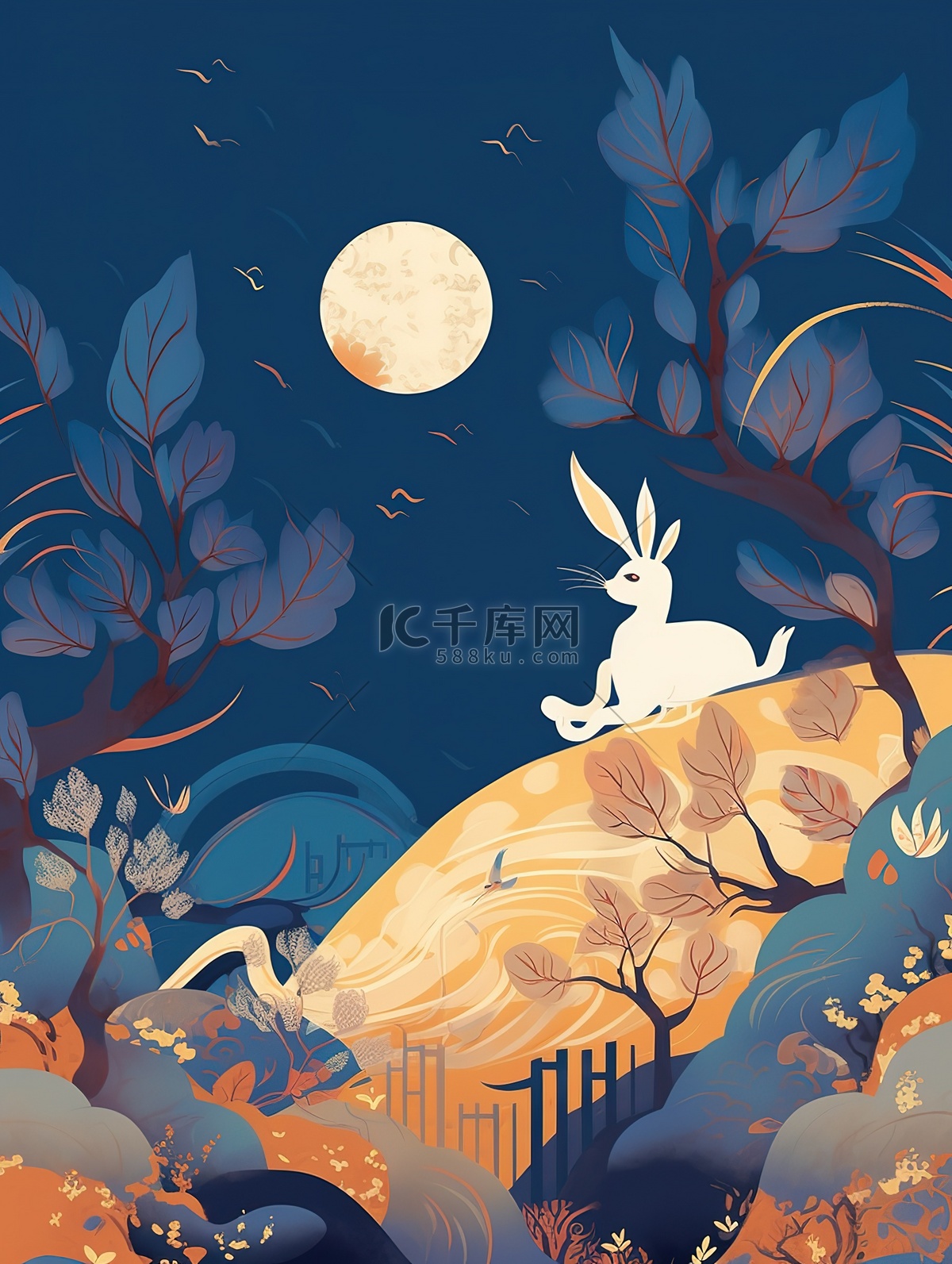 治愈晚安兔子弯月星空夜空梦幻唯美可爱插画图片-千库网