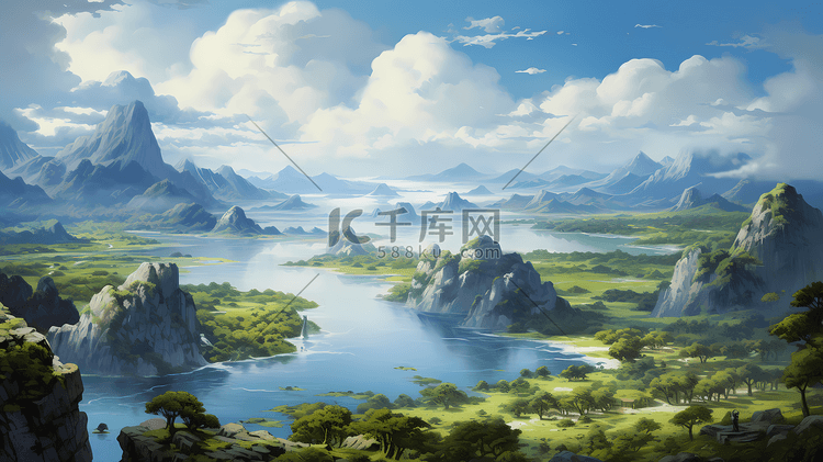 25D手绘风景绿水青山一望无际的湖泊