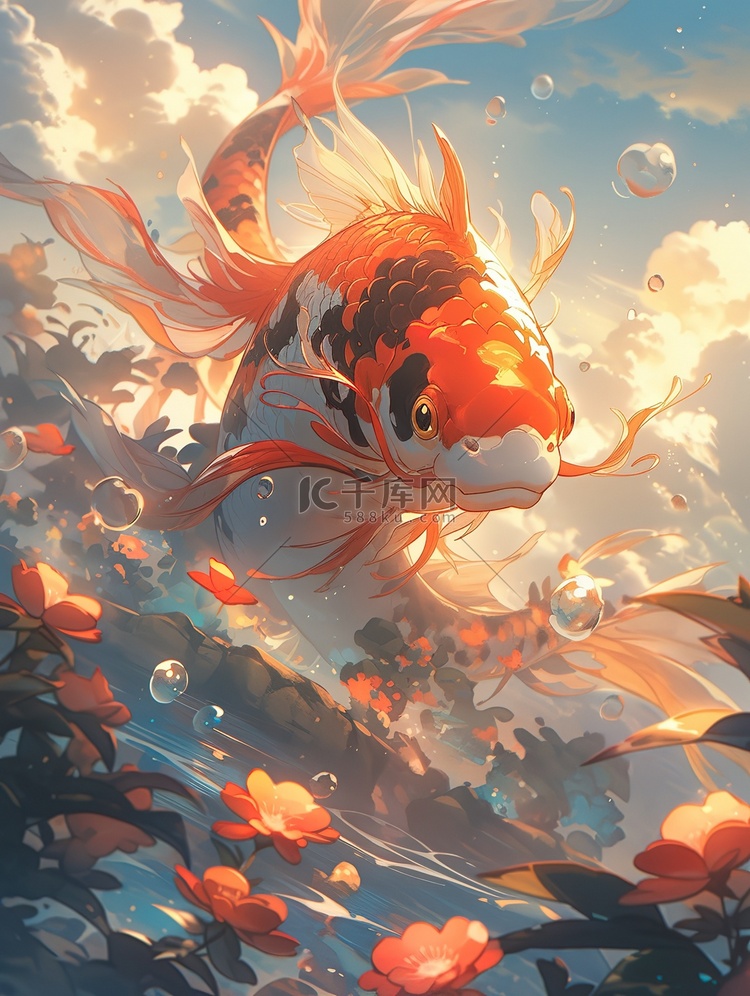 水中的金鱼与花朵插画9