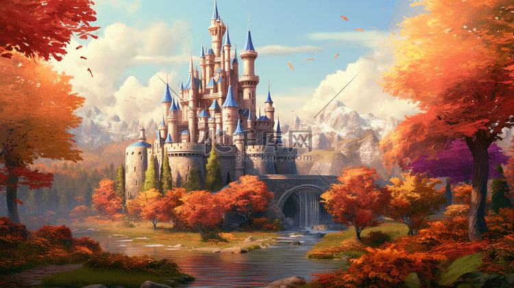 唯美梦幻金黄色森林中的城堡插画11