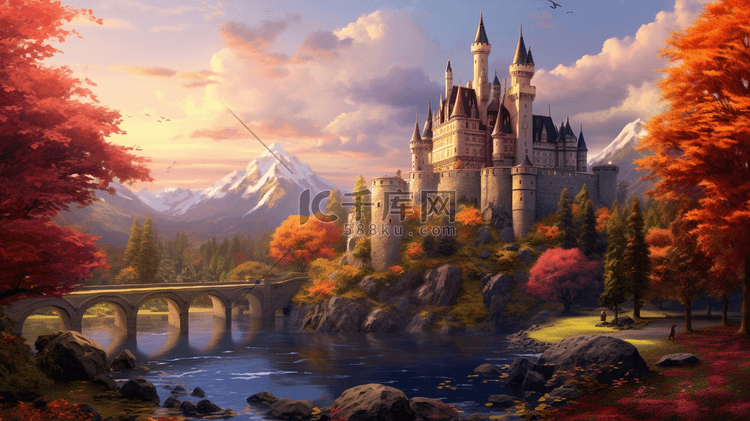 唯美梦幻金黄色森林中的城堡插画22