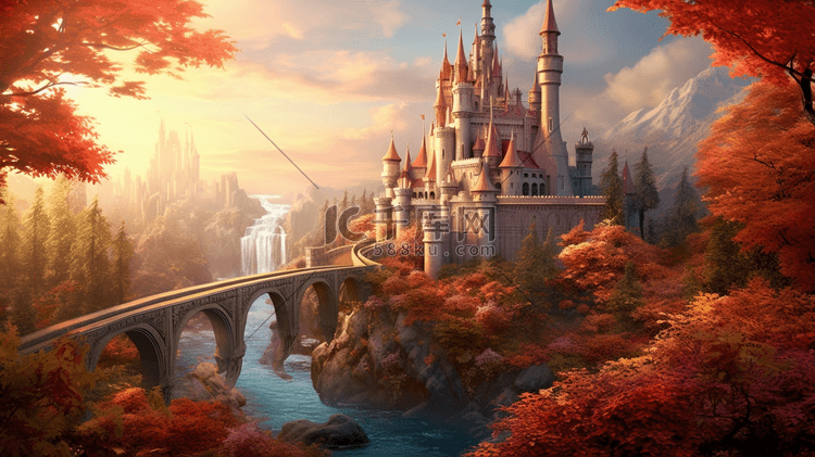 唯美梦幻金黄色森林中的城堡插画16