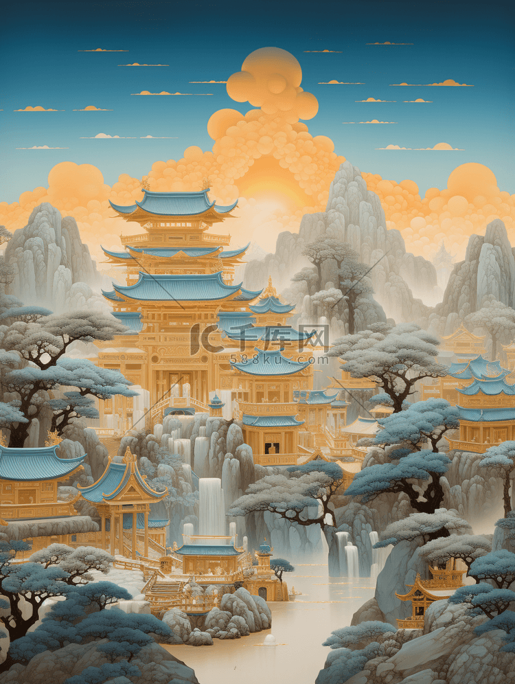 中国风唯美古建筑山水风景插画21