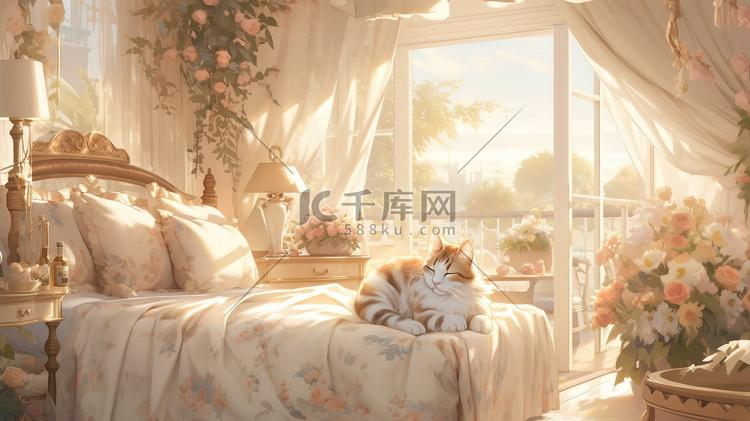 温馨的卧室床上躺着一只猫17