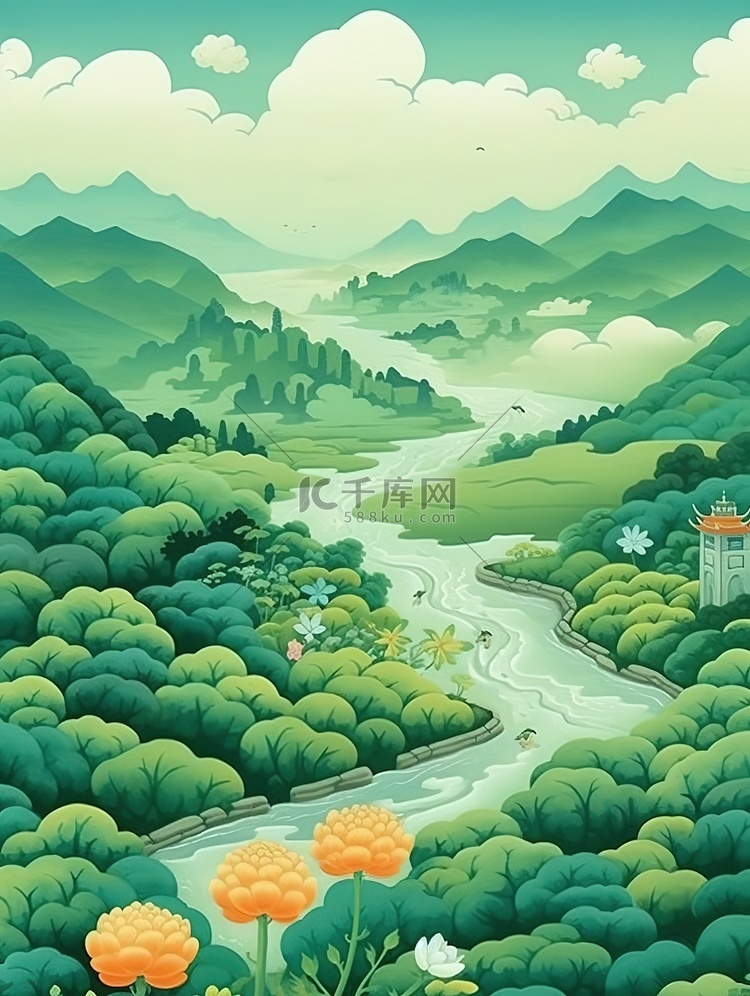 蓝绿色明亮山云水岭南风光插画15