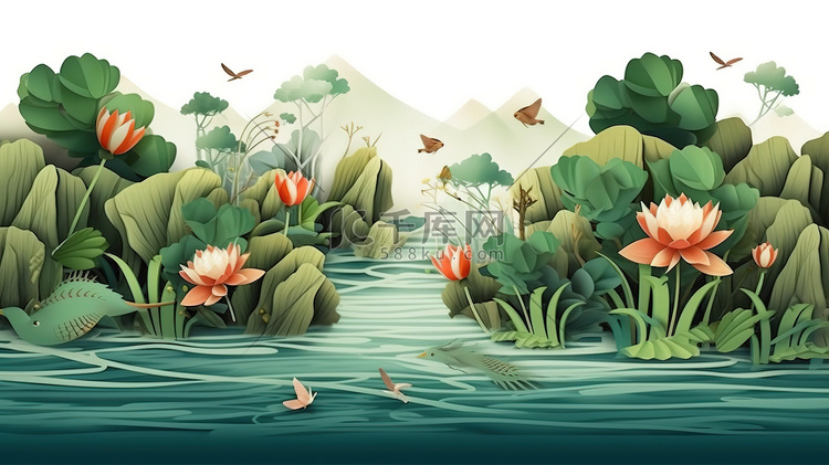 中国传统绘画夏季荷花绿叶植物17
