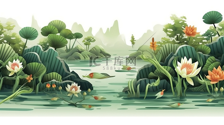 中国传统绘画夏季荷花绿叶植物20