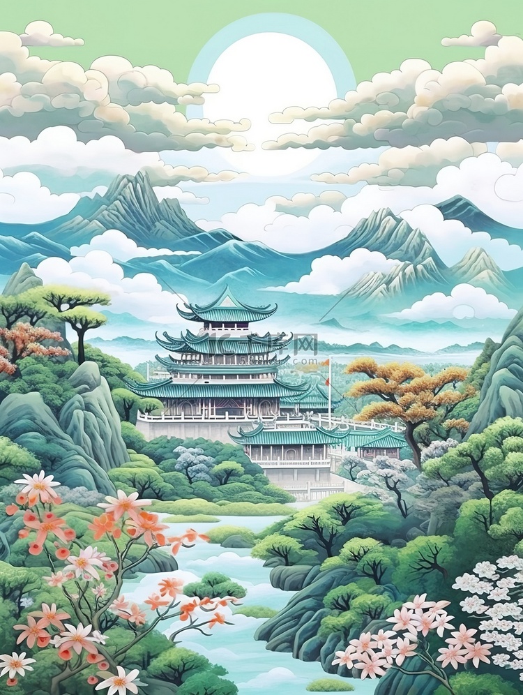 蓝绿色明亮山云水岭南风光插画1