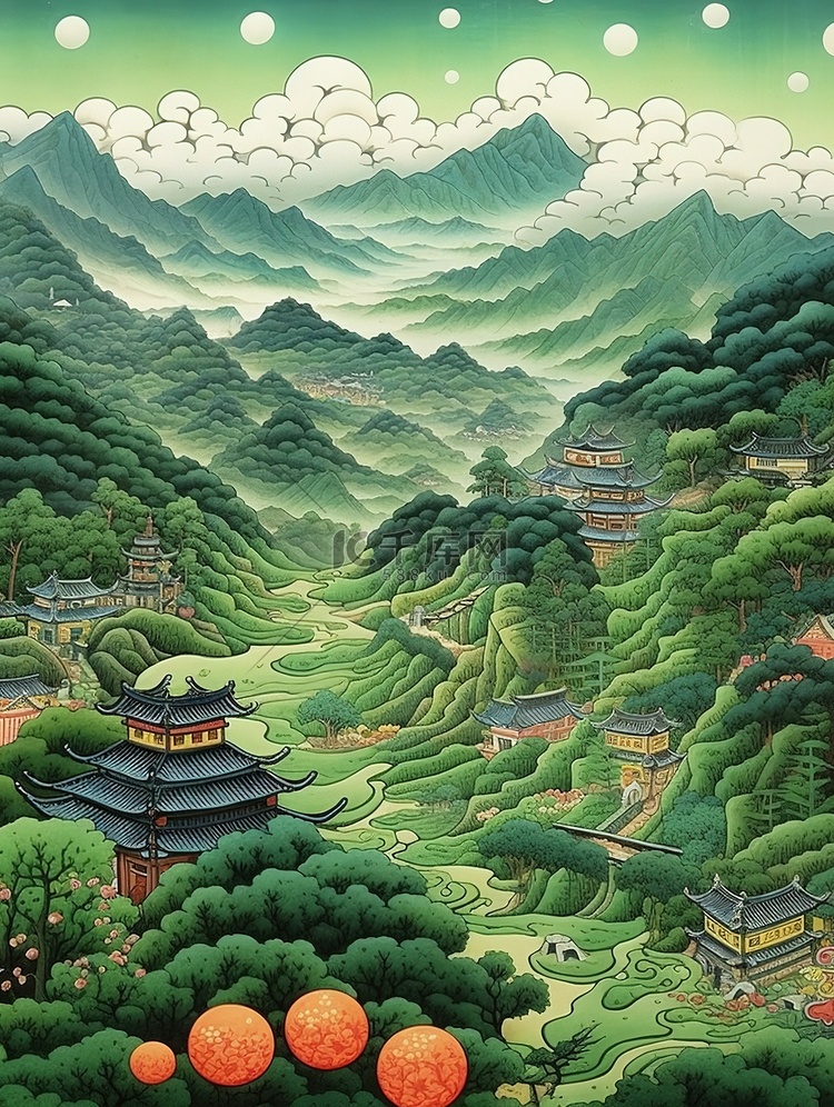 蓝绿色明亮山云水岭南风光插画16