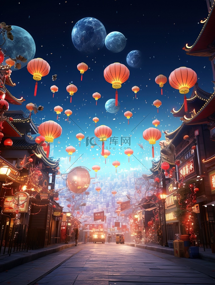 繁华中国古建筑街道挂满灯笼2