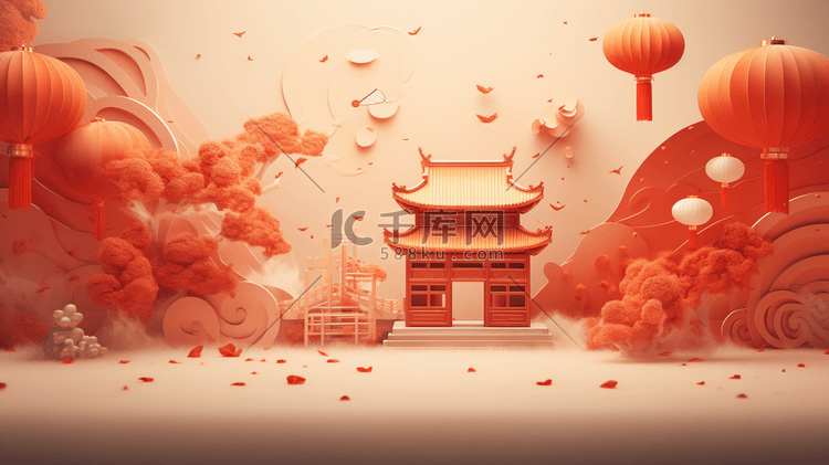 中国风红色立体感建筑插画12