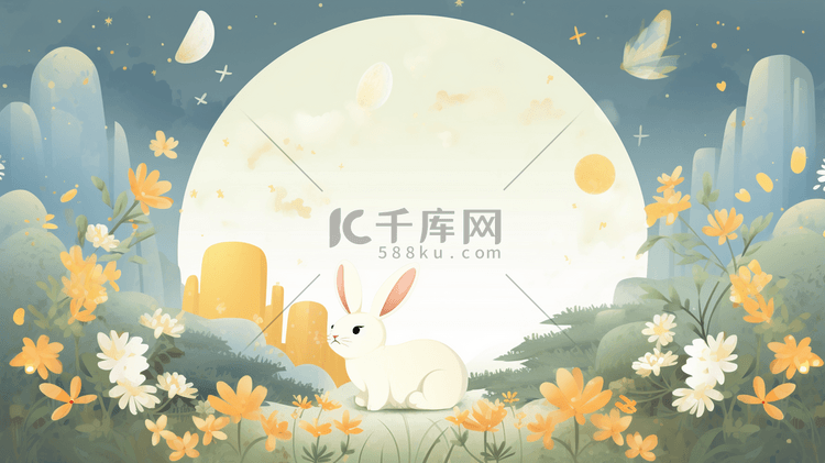 唯美月下可爱兔子中秋节卡通插画29