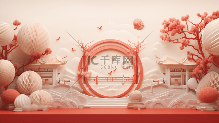 中国风红色立体感建筑插画13