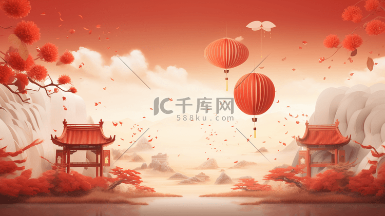 中国风红色立体感建筑插画23