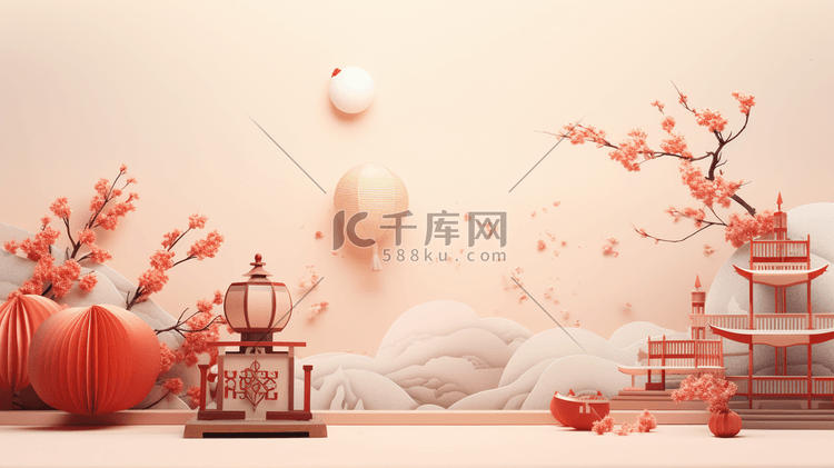 中国风红色立体感建筑插画14