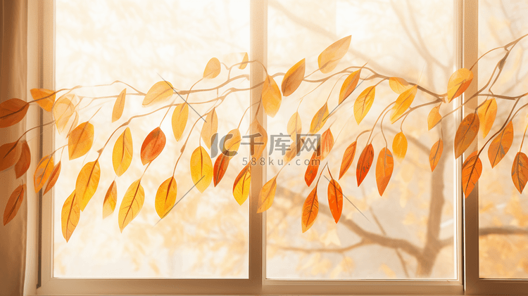 唯美秋季窗外树叶风景插画25