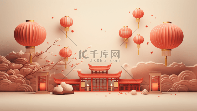 中国风红色立体感建筑插画3