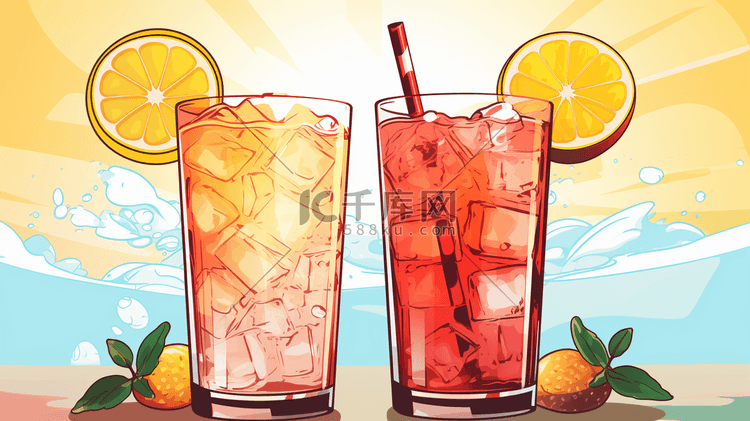 夏日柠檬玻璃冰冷饮9插画图片 千库网