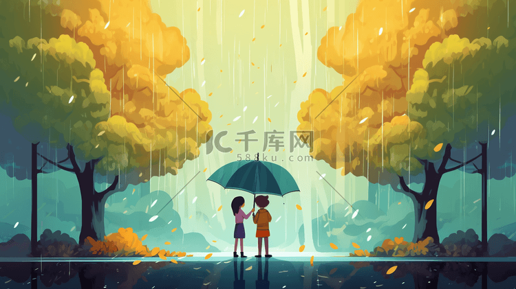 唯美雨中卡通人物插画8