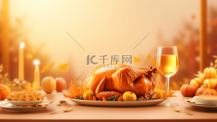 餐桌上的美味火鸡感恩节节日插画32