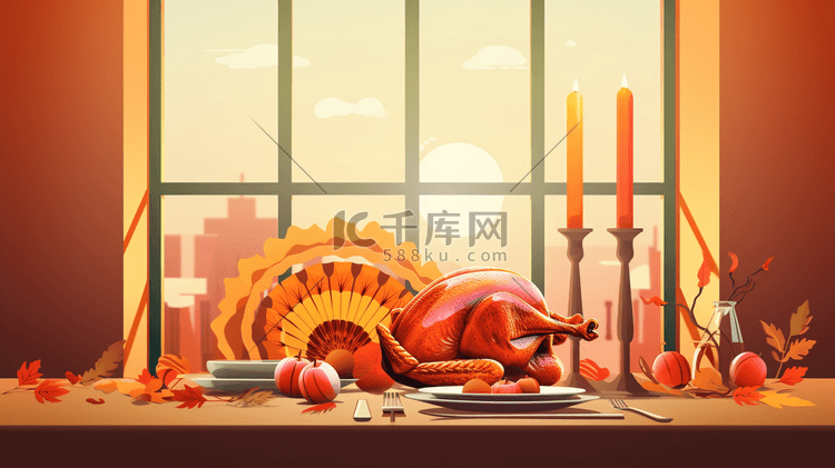 餐桌上的美味火鸡感恩节节日插画14