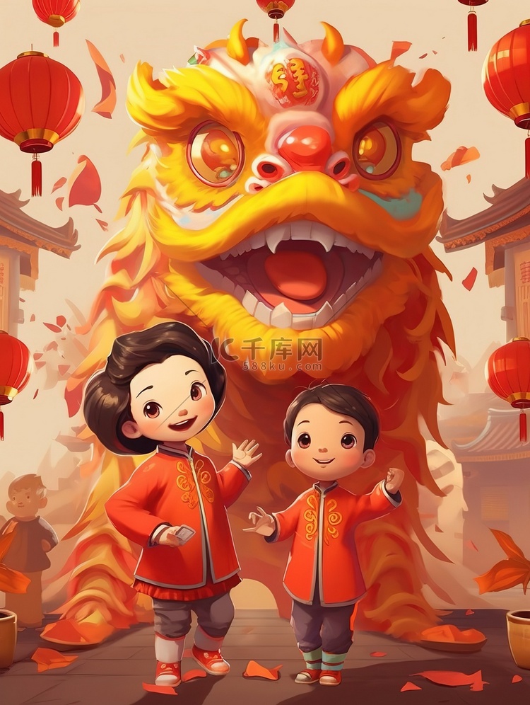 中国春节小孩子舞龙舞狮8插画图片-千库网