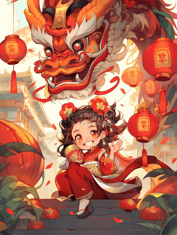 龙年春节插画中国龙和一小女孩正在过新年