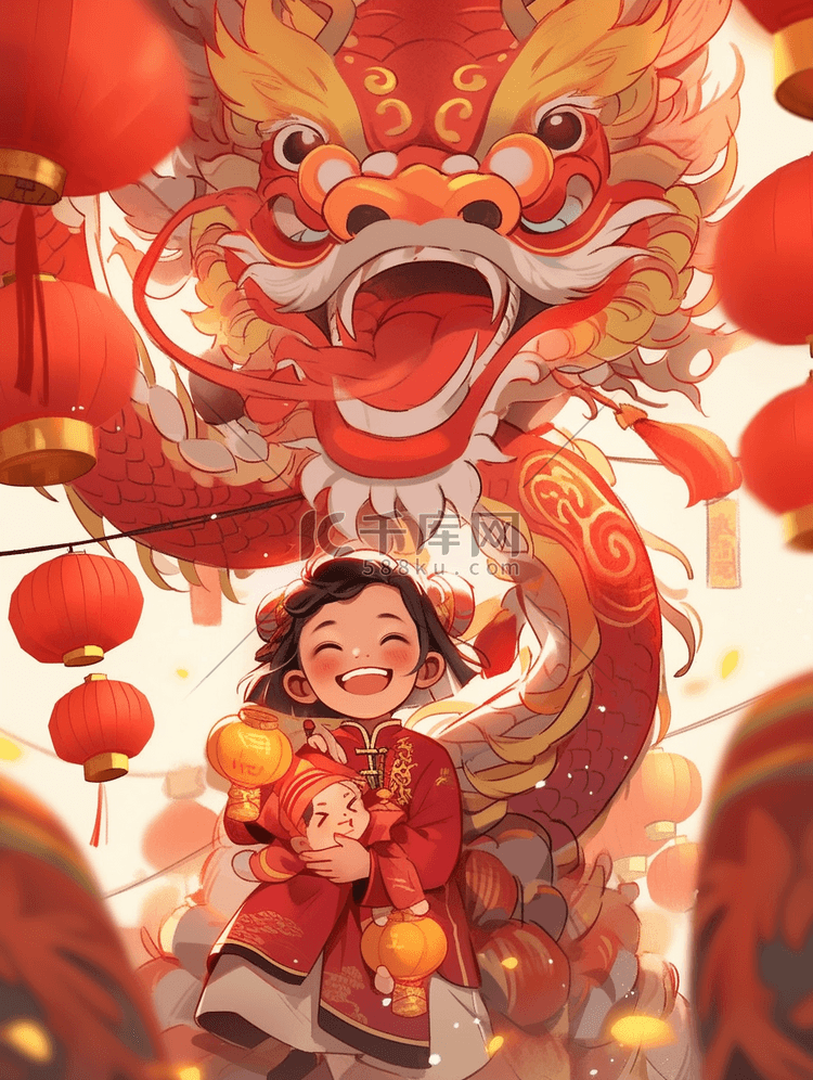 龙年春节插画中国龙和一位小女孩正在过新年