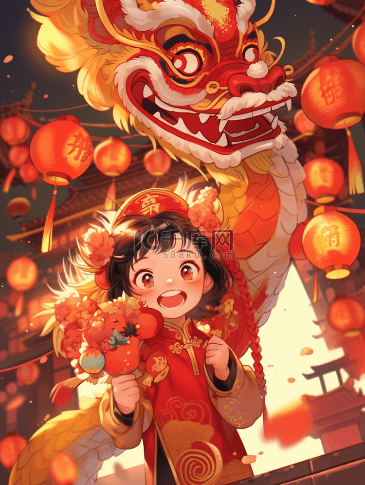 龙年春节插画中国龙和一个小女孩过新年