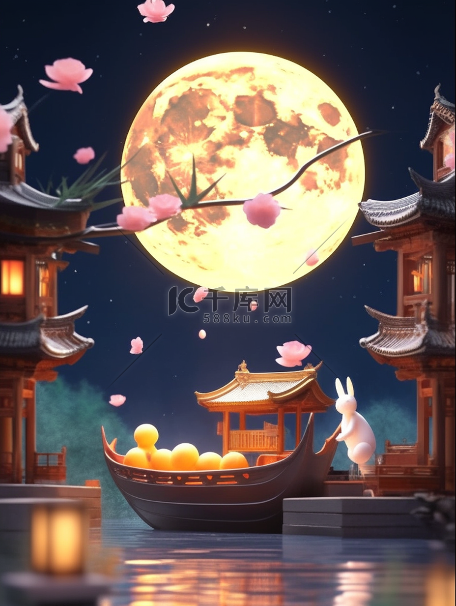 中秋节八月十五夜晚唯美月亮插画图片-千库网