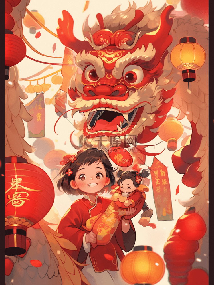 龙年春节插画中国龙和一小女孩过新年