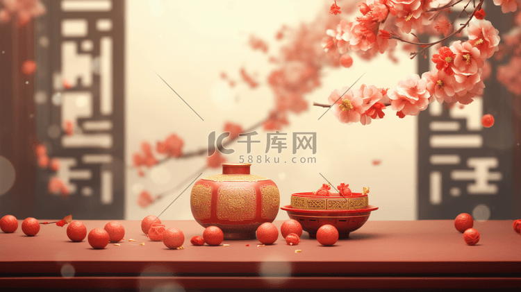 中国风国潮红色山水中国画3