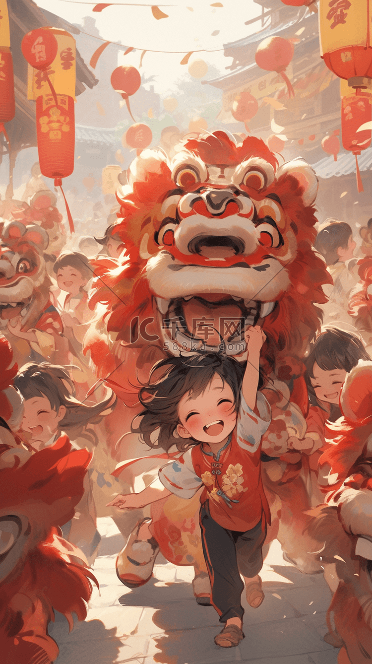 新年舞狮热闹的街市场景国风插画图片-千库网