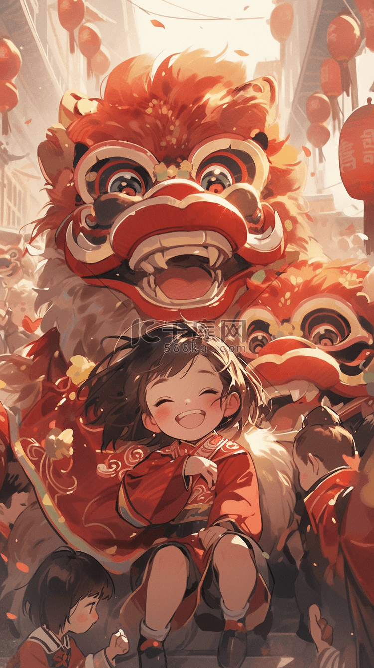 国风新年舞狮热闹的街市场景插画图片-千库网