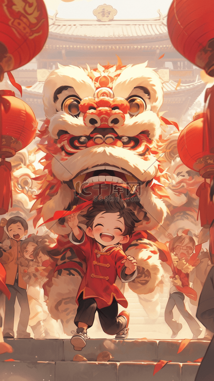 新年舞狮热闹的街市AIGC国风插画图片-千库网