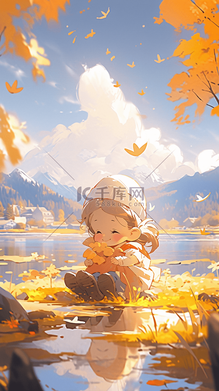 秋天枫树下的女孩唯美手绘插画