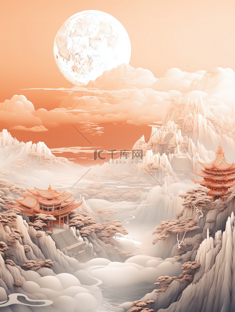 橙色白色雄伟空灵的意象山水插画3