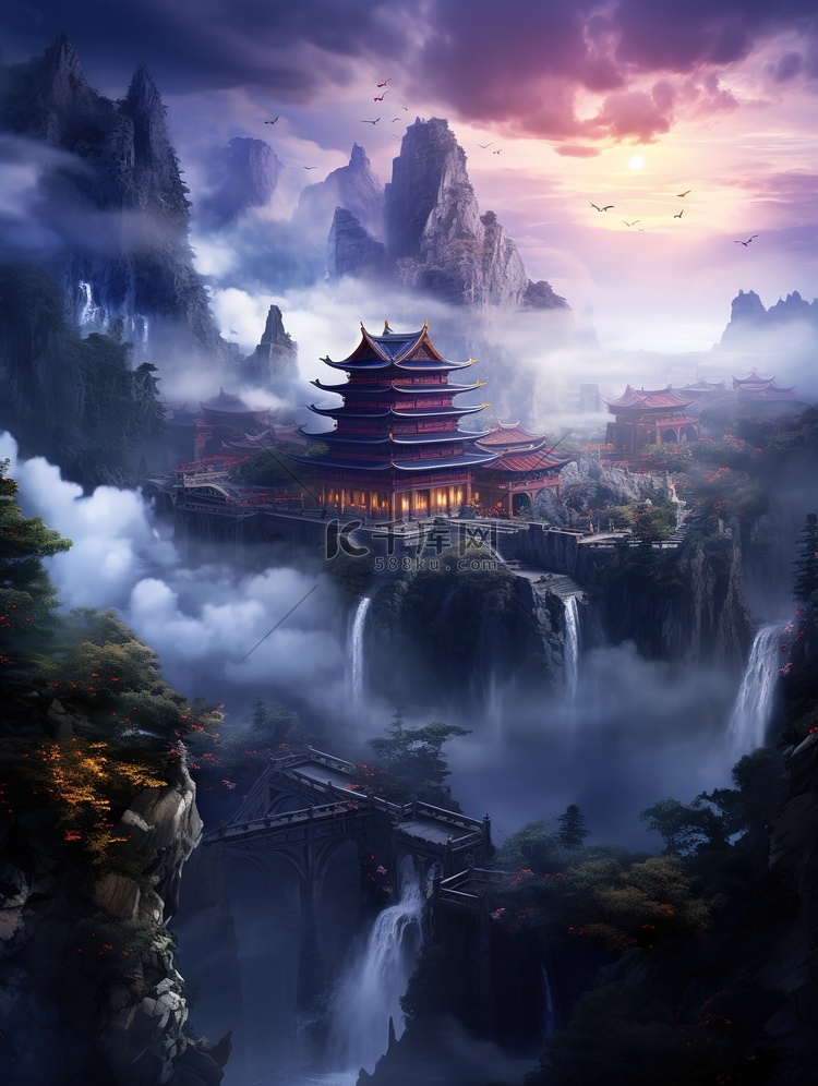 中国宫殿辉煌建筑云雾仙景13